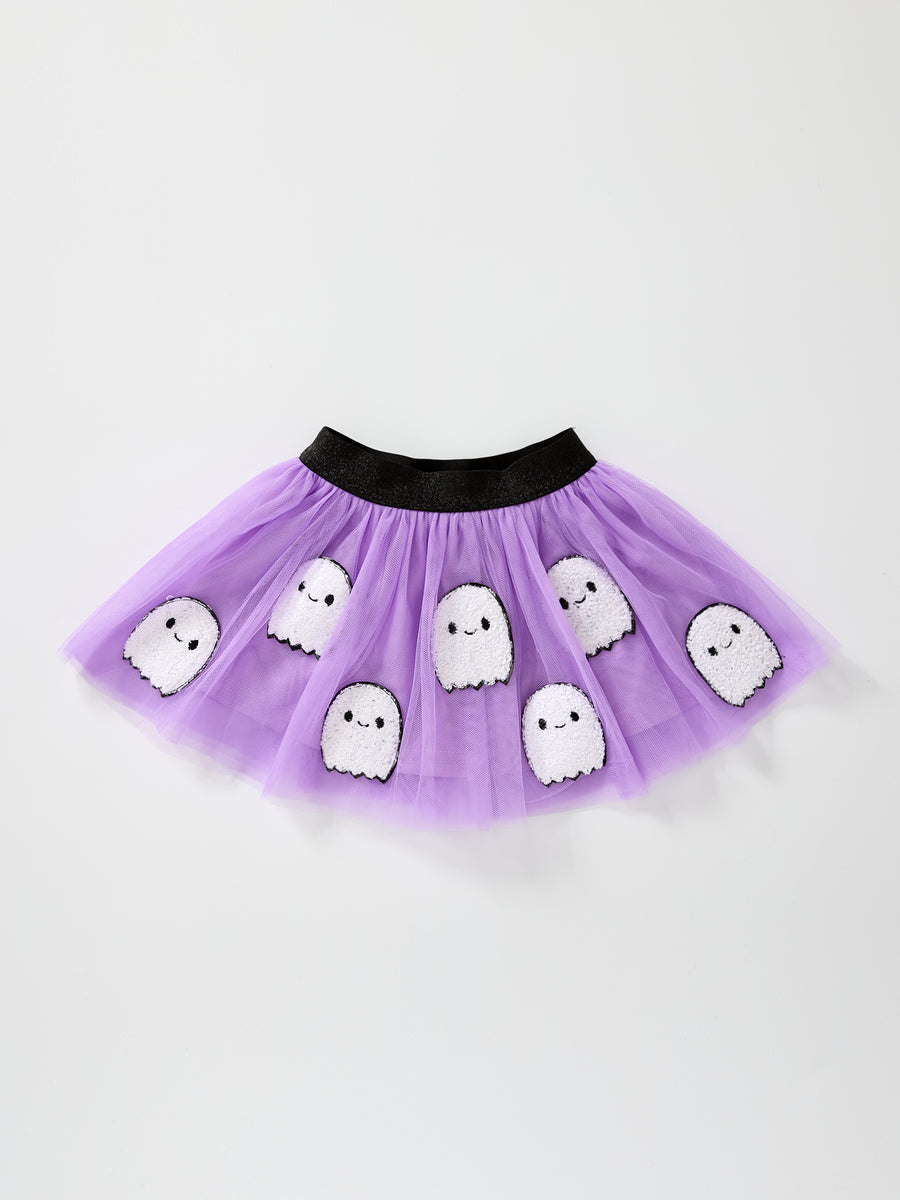 Halloween Girls Purple Ghost Appliqué Tulle Skirt