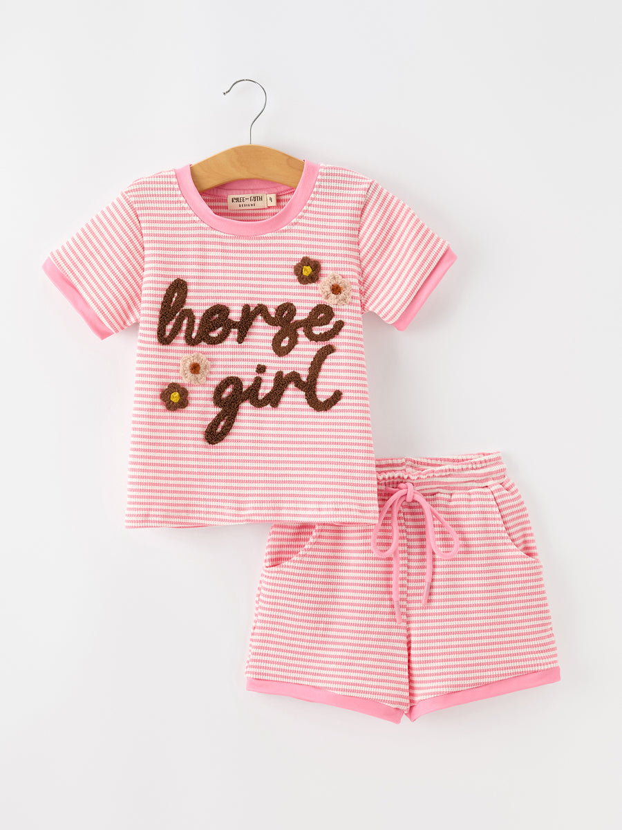 Horse Girl Pink Striped T Shirt And Shorts Set