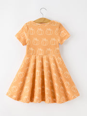 Girls Fall Pumpkin Print Short Sleeve Twirl Dress