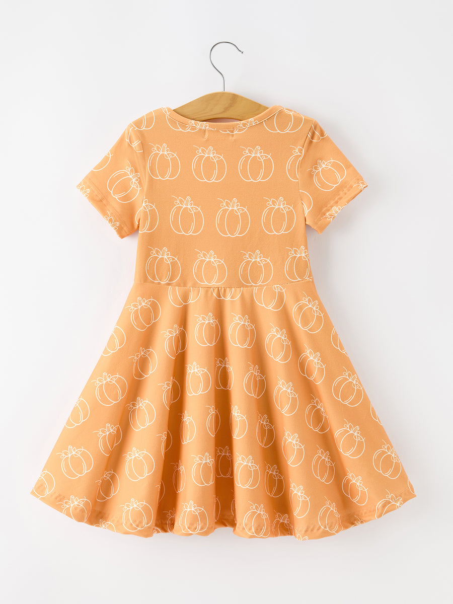 Girls Fall Pumpkin Print Short Sleeve Twirl Dress
