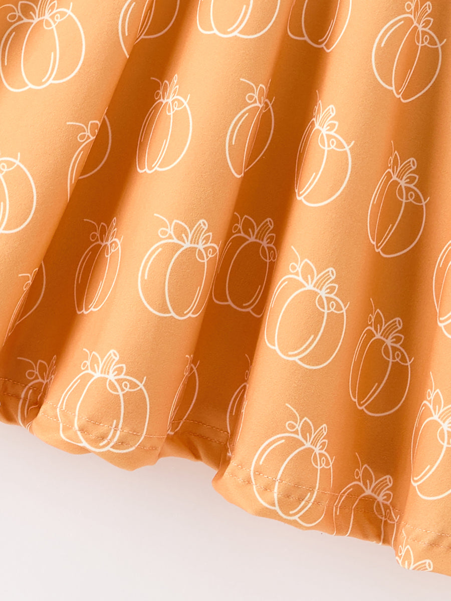Girls Fall Pumpkin Print Short Sleeve Twirl Dress