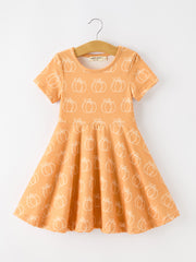 Girls Fall Pumpkin Print Short Sleeve Twirl Dress