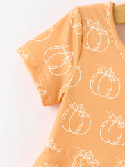 Girls Fall Pumpkin Print Short Sleeve Twirl Dress