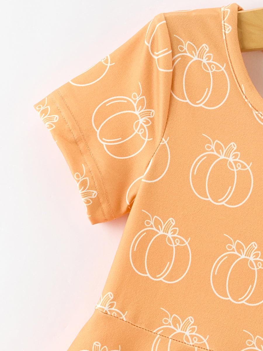 Girls Fall Pumpkin Print Short Sleeve Twirl Dress