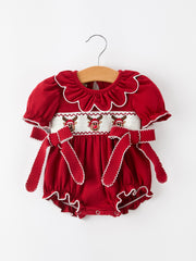 Baby Girls Christmas Reindeer Smocked Bubble Romper