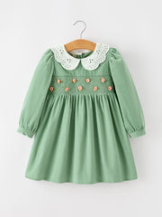Girls Sage Green Smocked Rose Long Sleeve Dress