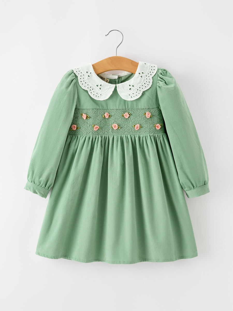 Girls Sage Green Smocked Rose Long Sleeve Dress