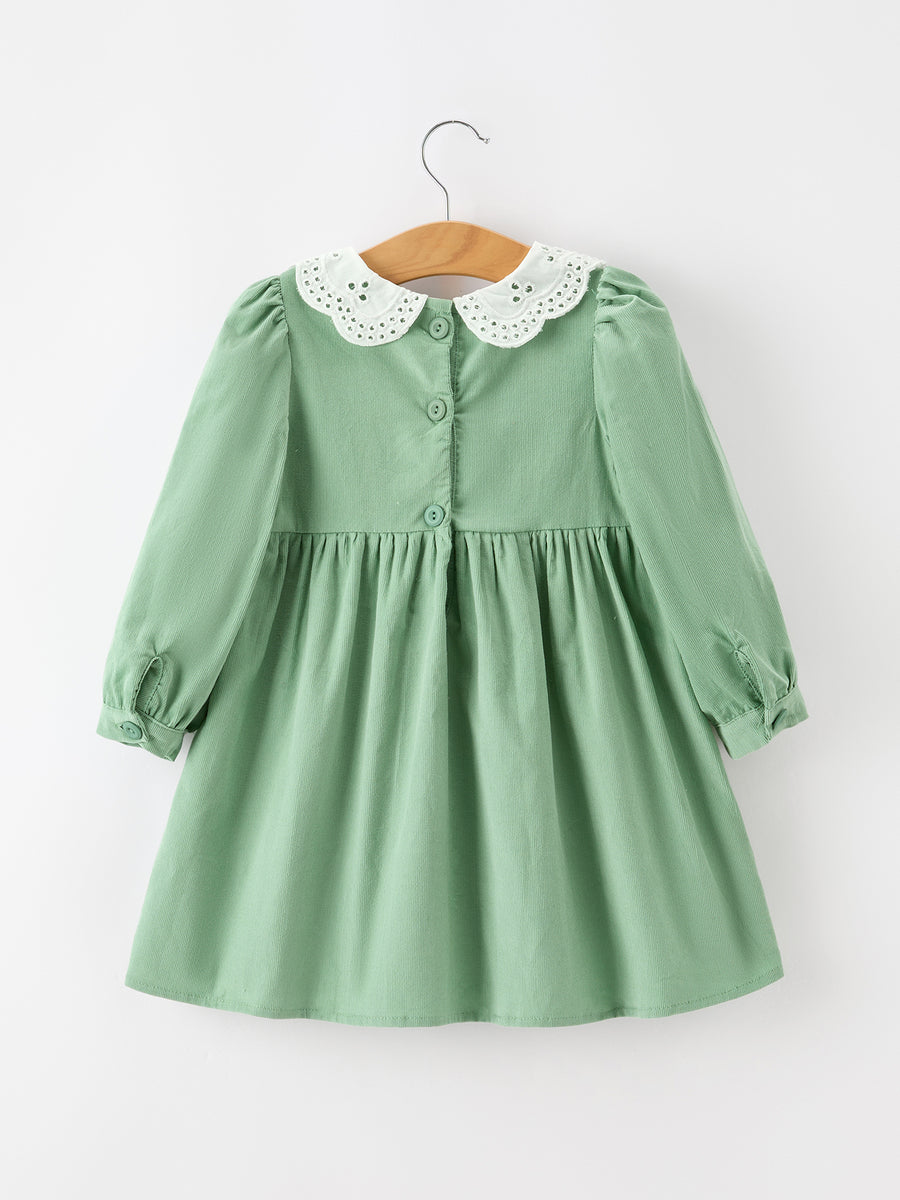 Girls Sage Green Smocked Rose Long Sleeve Dress