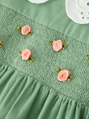 Girls Sage Green Smocked Rose Long Sleeve Dress