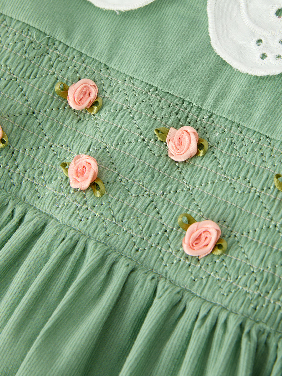Girls Sage Green Smocked Rose Long Sleeve Dress