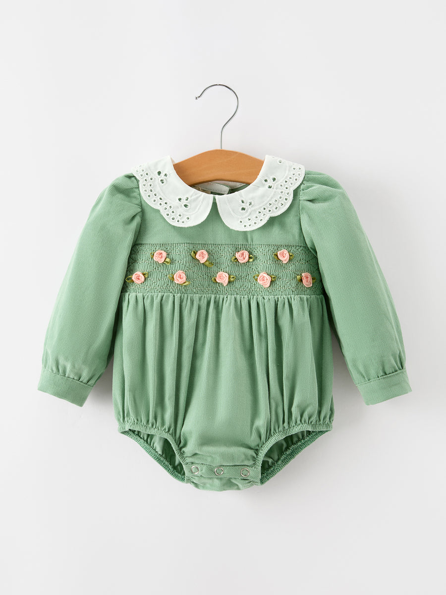 Baby Girls Sage Green Smocked Floral Peter Pan Collar Romper