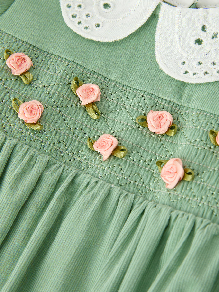 Baby Girls Sage Green Smocked Floral Peter Pan Collar Romper