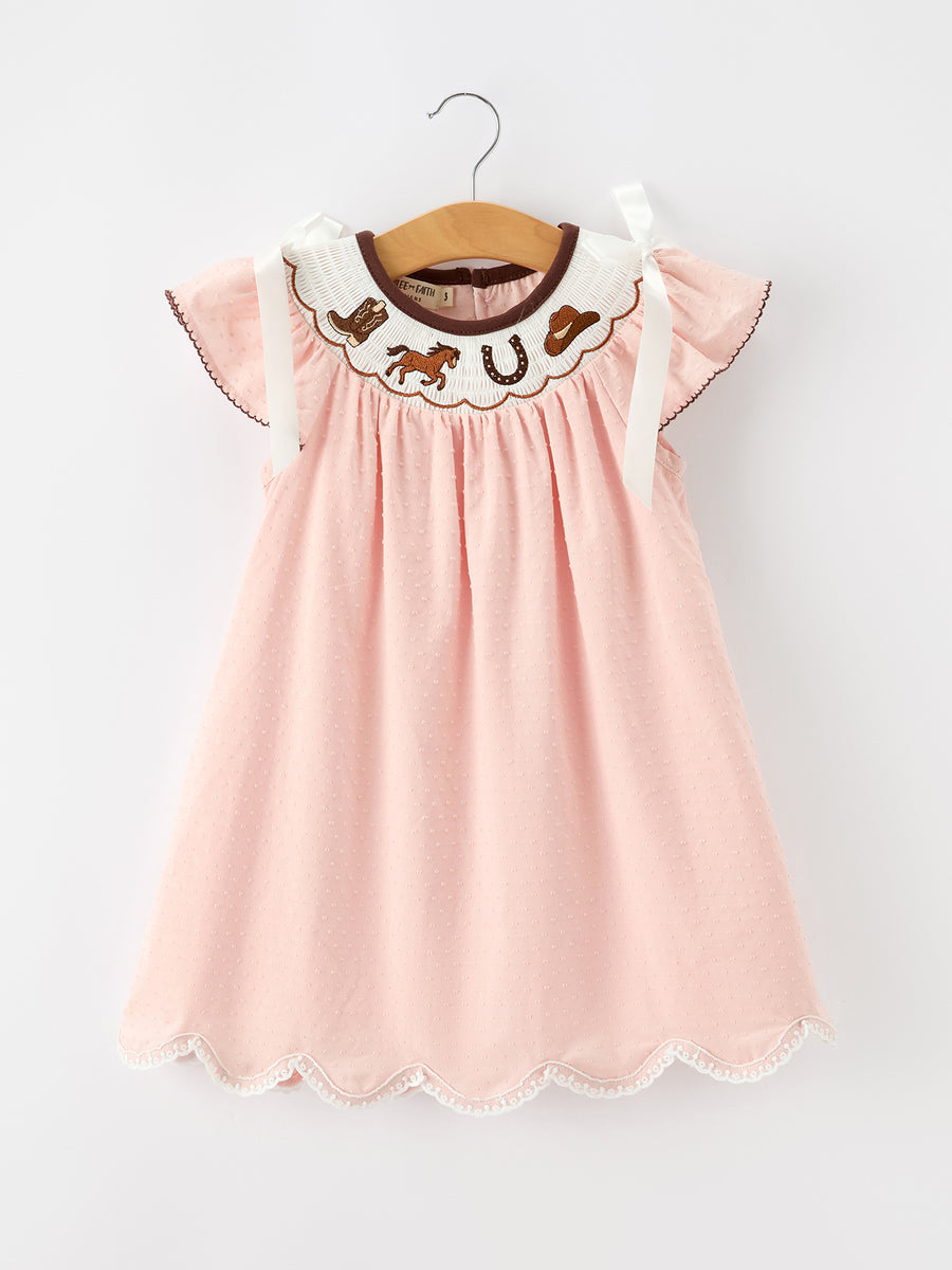 Western Horse Girls Pink Smocked Bow Lace Dress
