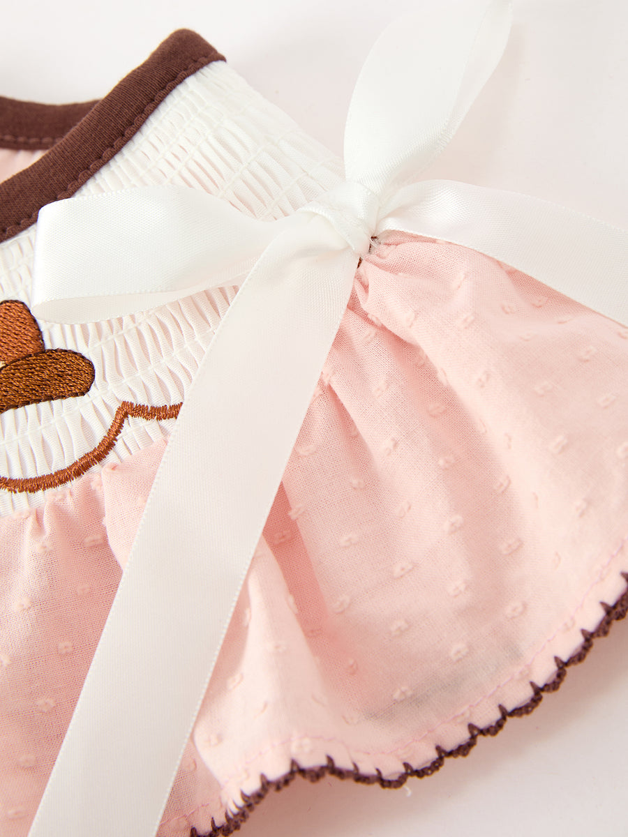 Western Horse Girls Pink Smocked Bow Lace Dress