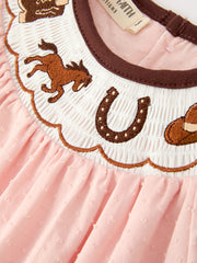 Western Horse Girls Pink Smocked Bow Lace Dress