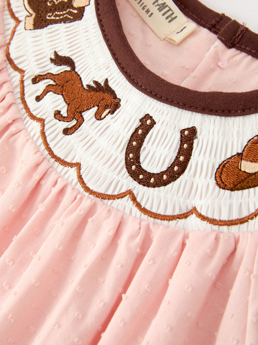 Western Horse Girls Pink Smocked Bow Lace Dress