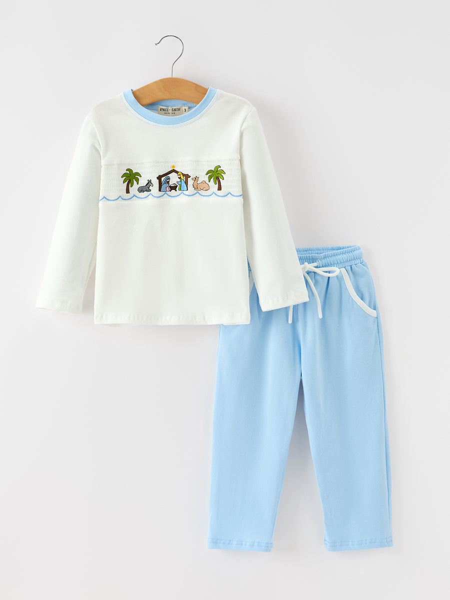 Christmas Nativity Embroidered Boys Long Sleeve Top And Pants Set