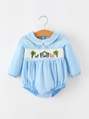 Christmas Nativity Embroidered Baby Boy Blue Smocked Romper