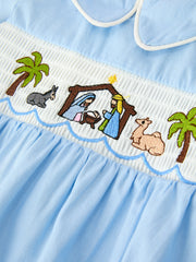 Christmas Nativity Embroidered Baby Boy Blue Smocked Romper