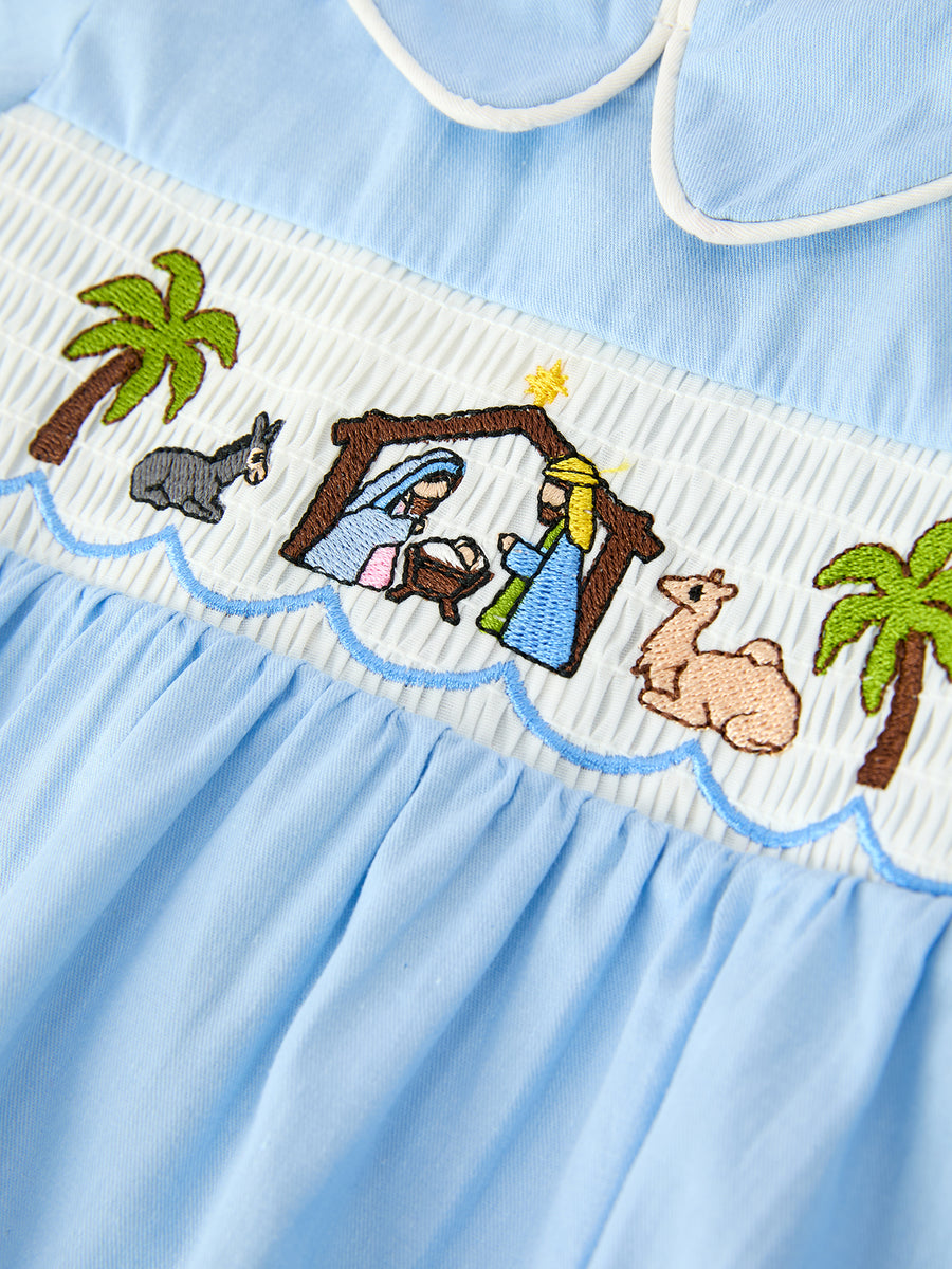 Christmas Nativity Embroidered Baby Boy Blue Smocked Romper