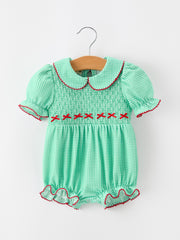 Christmas Girls Green Plaid Smocked Bow Bubble Romper