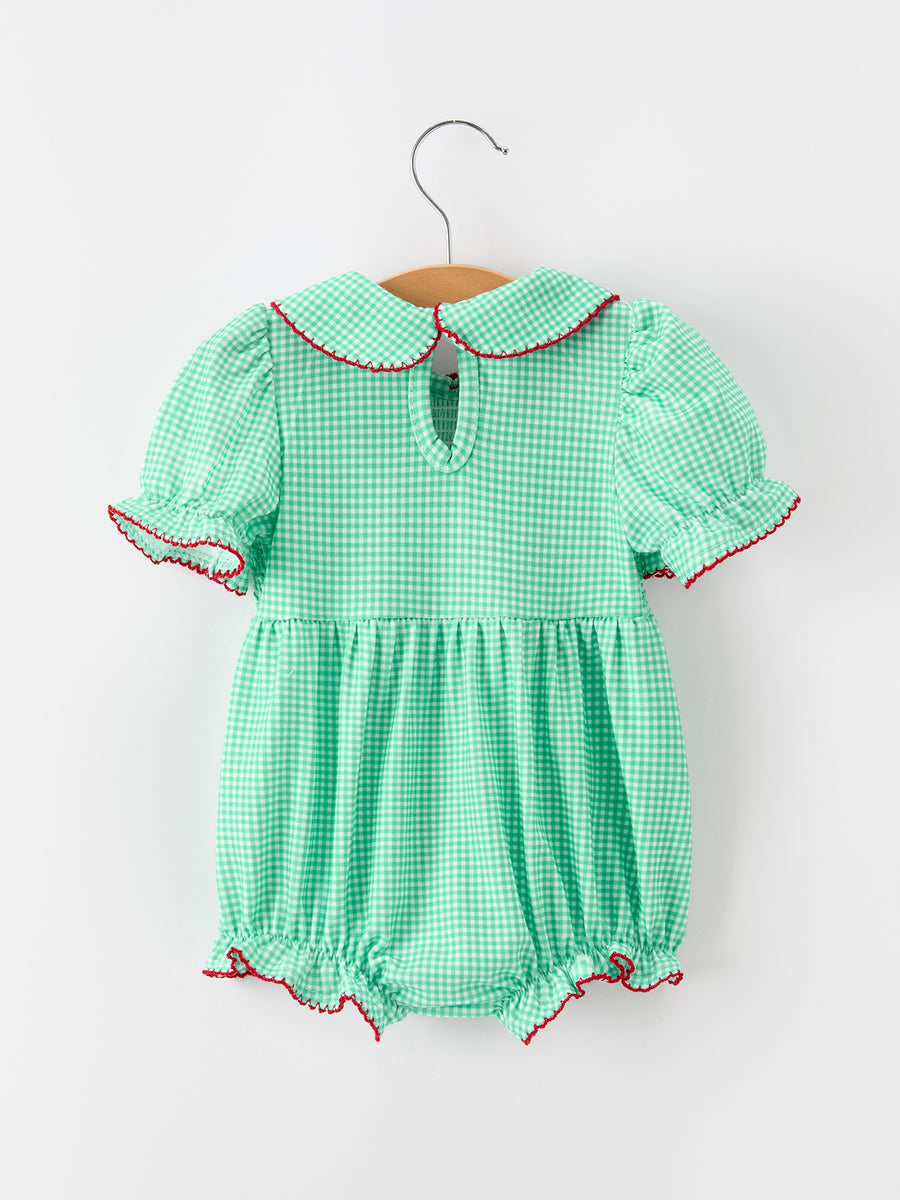 Christmas Girls Green Plaid Smocked Bow Bubble Romper