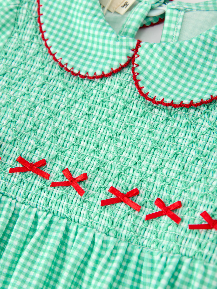 Christmas Girls Green Plaid Smocked Bow Bubble Romper