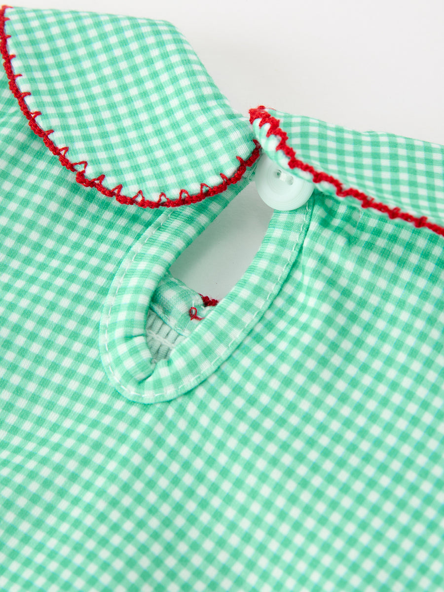 Christmas Girls Green Plaid Smocked Bow Bubble Romper