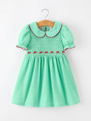 Christmas Girls Green Plaid Smocked Bow Peter Pan Collar Dress