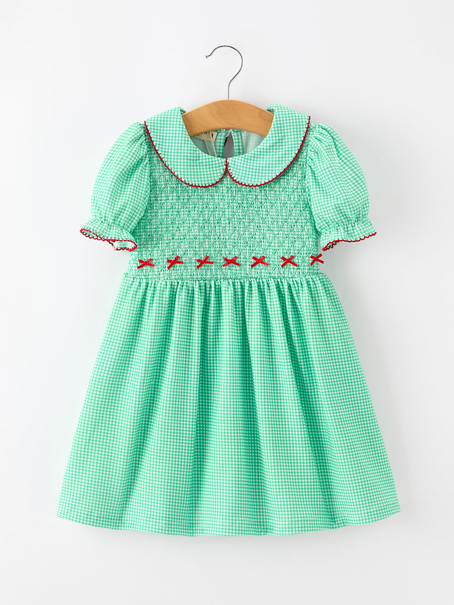 Christmas Girls Green Plaid Smocked Bow Peter Pan Collar Dress