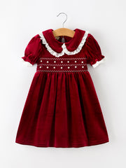 Christmas Burgundy Velvet Girls Smocked Pearl Lace Collar Dress