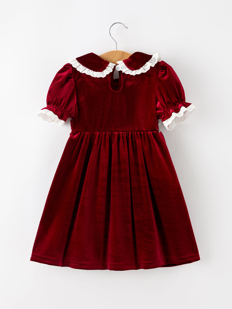 Christmas Burgundy Velvet Girls Smocked Pearl Lace Collar Dress