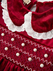 Christmas Burgundy Velvet Girls Smocked Pearl Lace Collar Dress