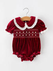 Christmas Burgundy Velvet Baby Girl Smocked Pearl Romper