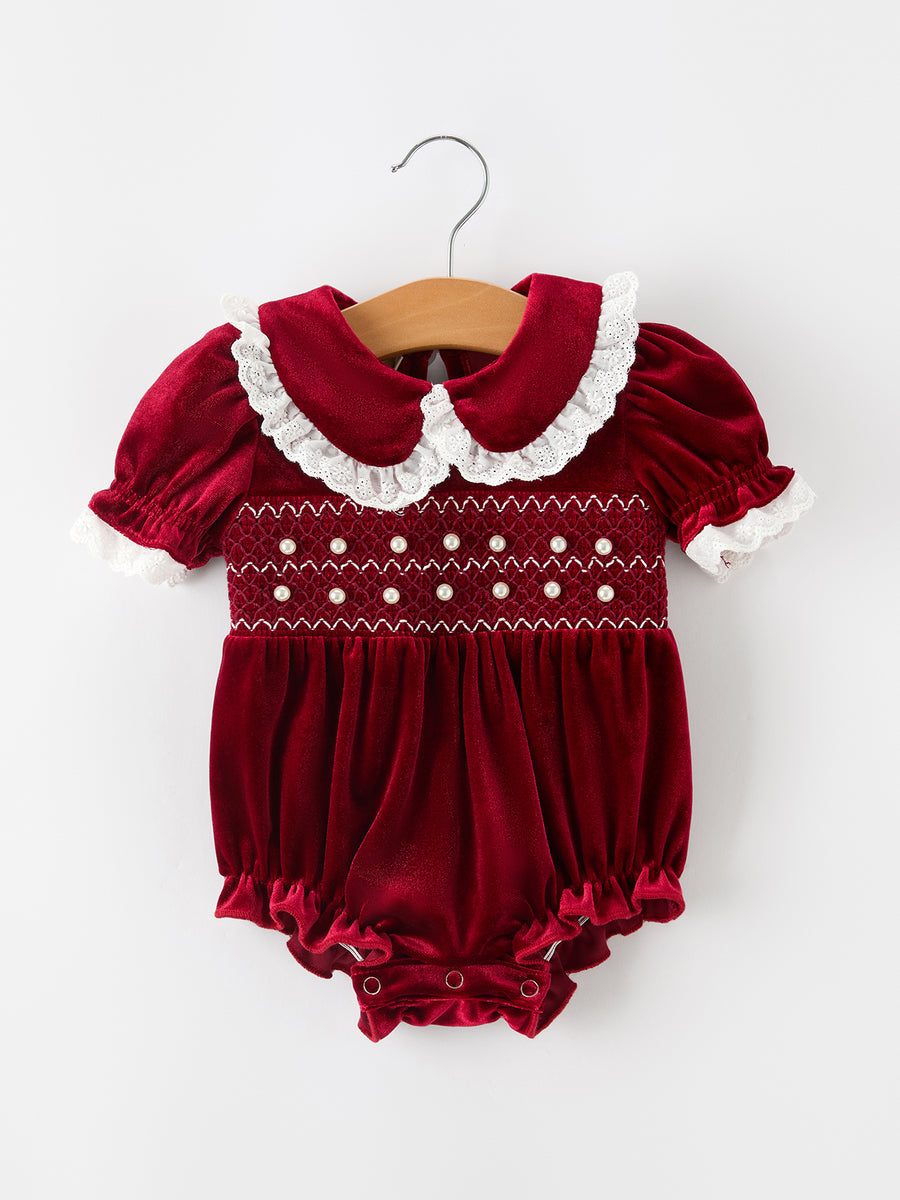 Christmas Burgundy Velvet Baby Girl Smocked Pearl Romper