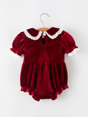 Christmas Burgundy Velvet Baby Girl Smocked Pearl Romper