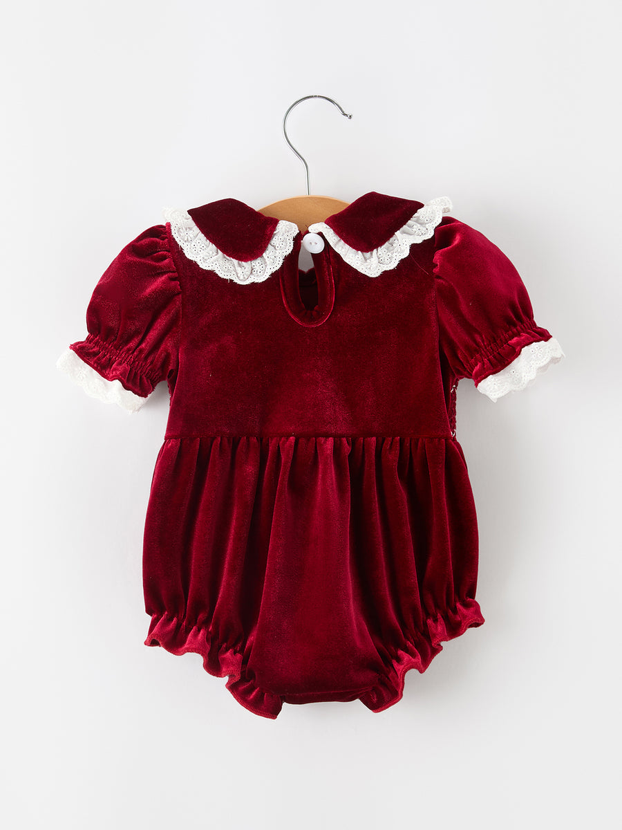 Christmas Burgundy Velvet Baby Girl Smocked Pearl Romper