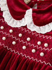 Christmas Burgundy Velvet Baby Girl Smocked Pearl Romper