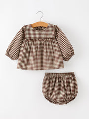 Gingham Baby Romper with Long Sleeve Puff Design