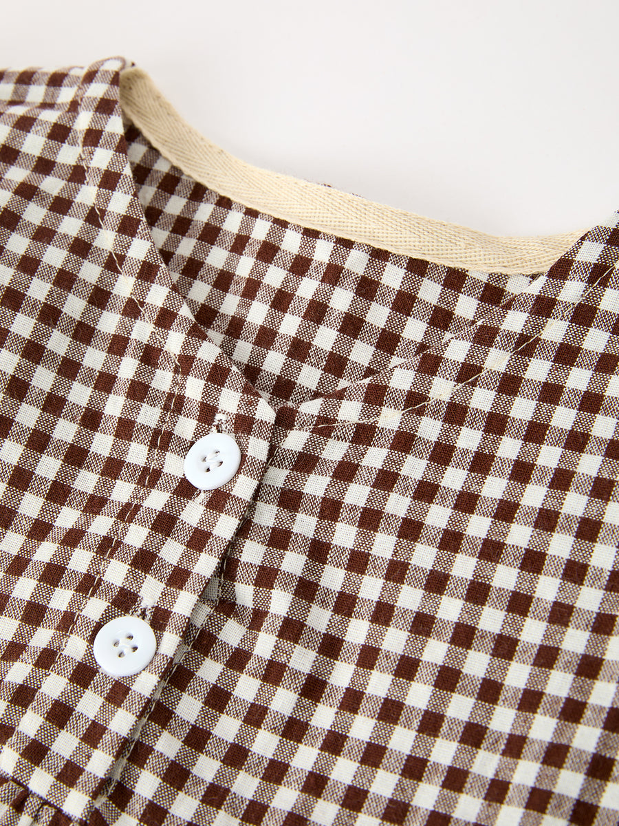 Gingham Baby Romper with Long Sleeve Puff Design