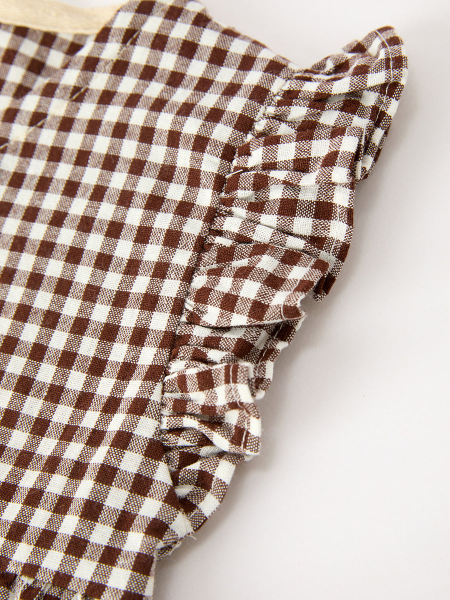 Gingham Baby Romper with Long Sleeve Puff Design