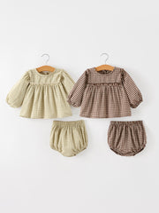 Gingham Baby Romper with Long Sleeve Puff Design