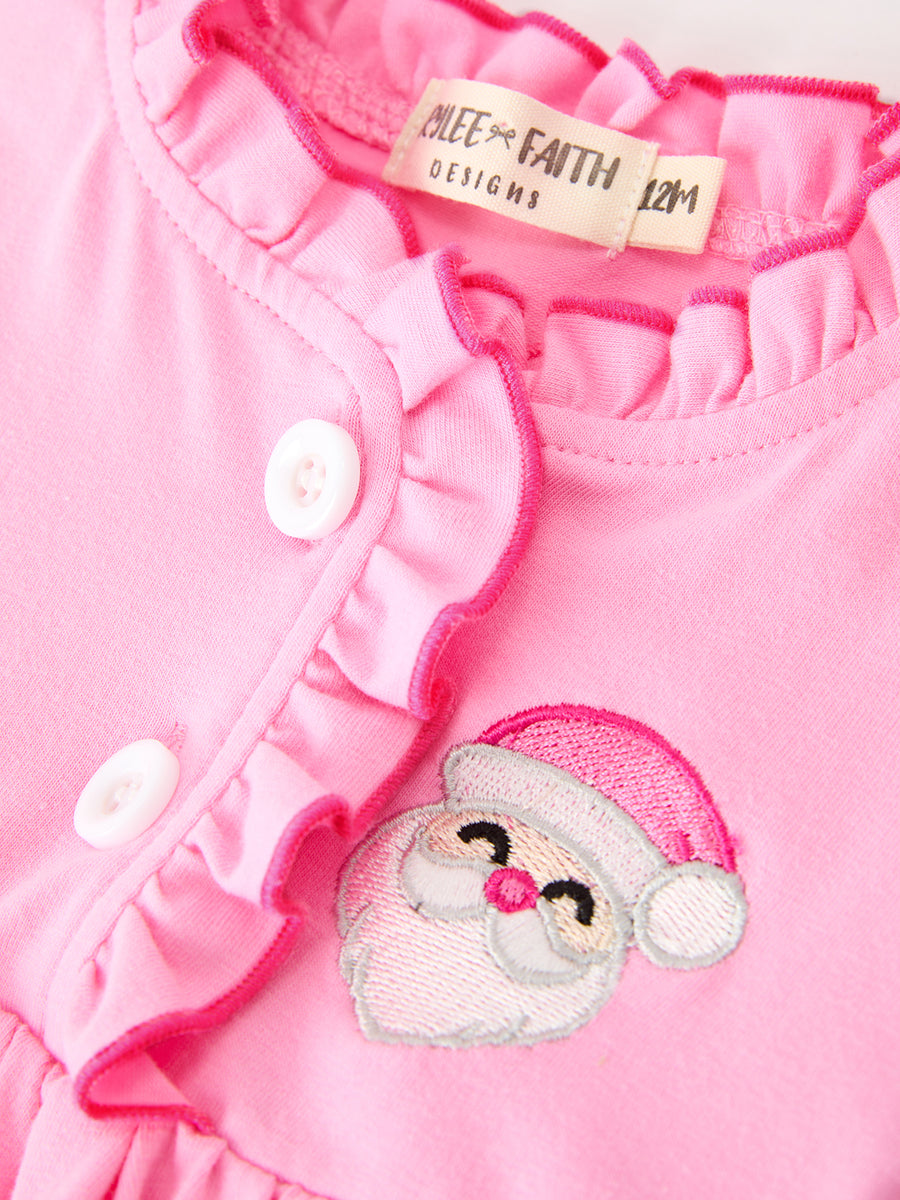 Baby Girls Christmas Santa Embroidered Ruffle Bubble Romper