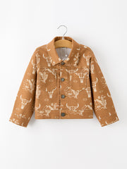 Girls Western Desert Print Brown Denim Jacket With Pockets