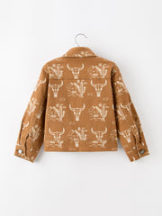 Girls Western Desert Print Brown Denim Jacket With Pockets