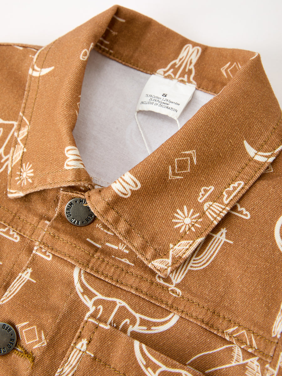 Girls Western Desert Print Brown Denim Jacket With Pockets