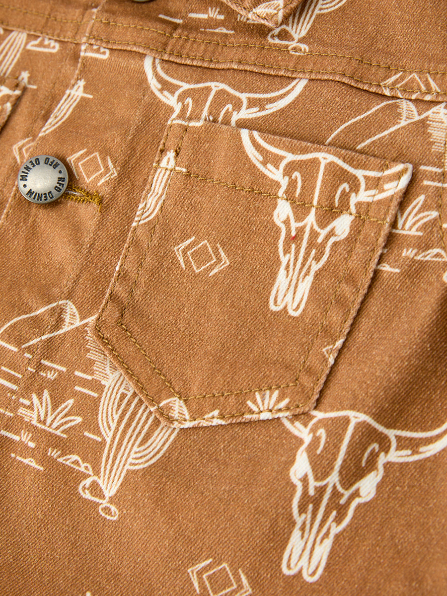 Girls Western Desert Print Brown Denim Jacket With Pockets