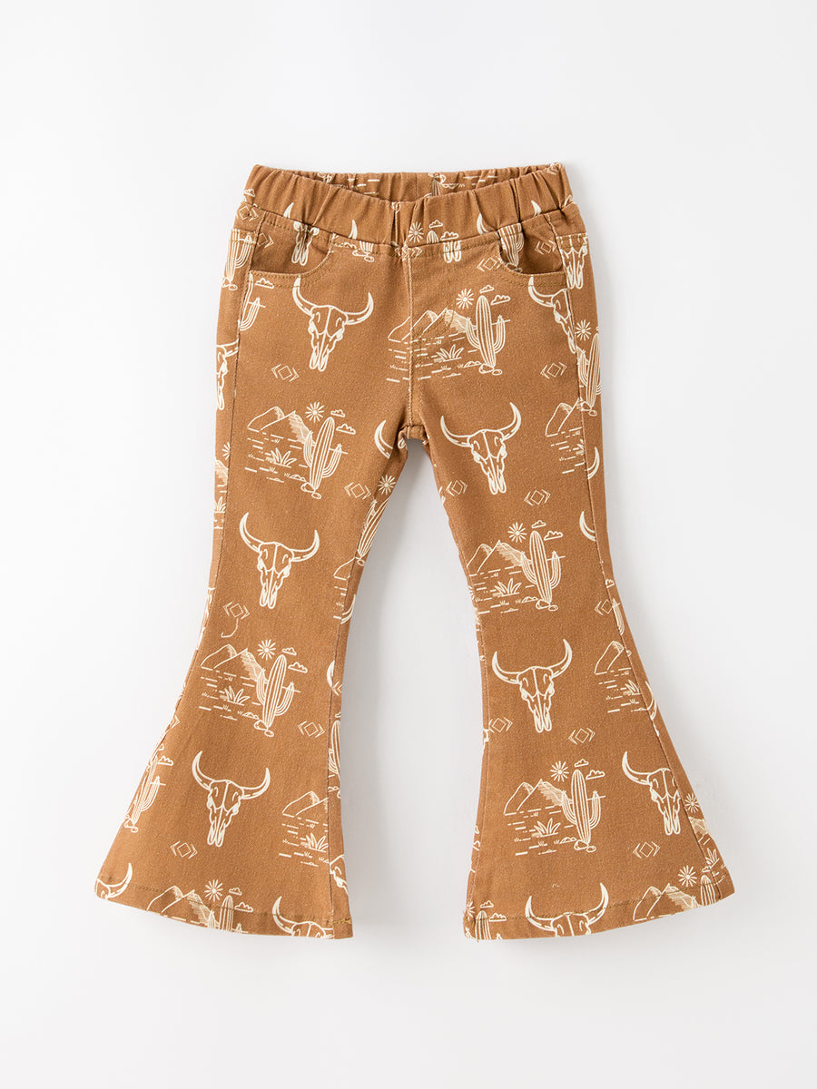 Girls Western Desert Print Brown Denim Bell Bottom Pants