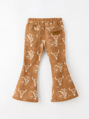 Girls Western Desert Print Brown Denim Bell Bottom Pants