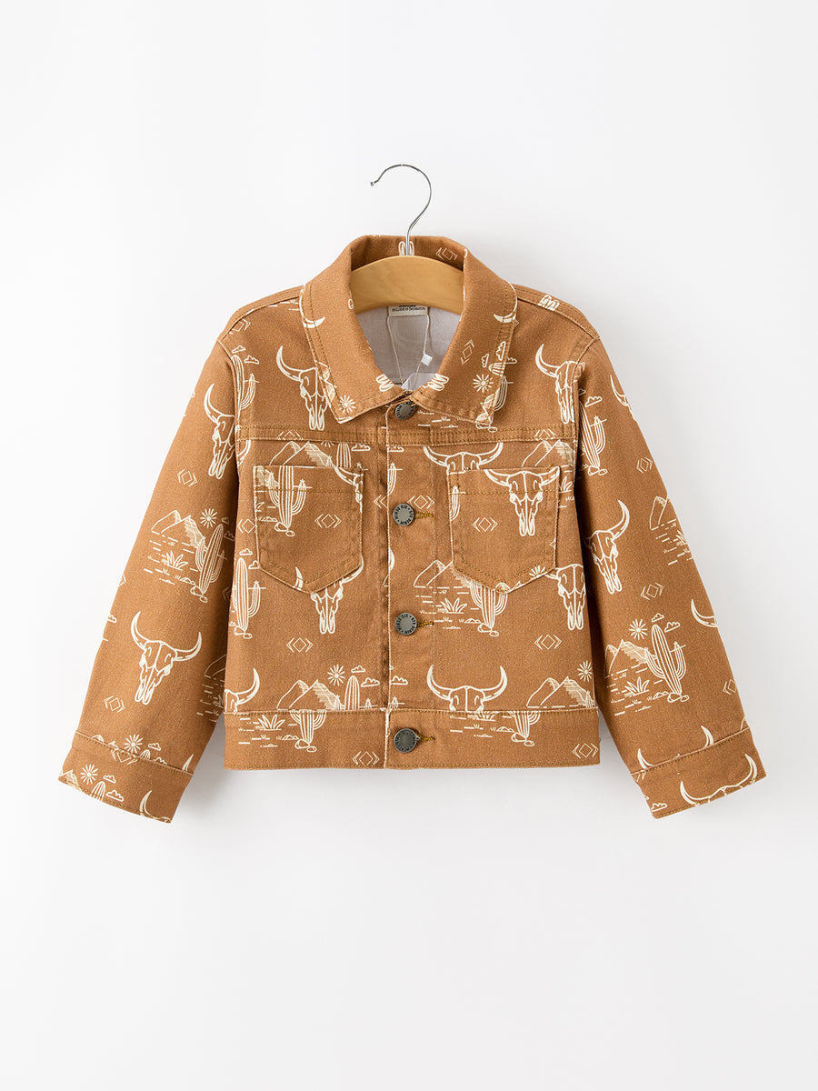 Girls Western Desert Print Brown Denim Jacket With Pockets